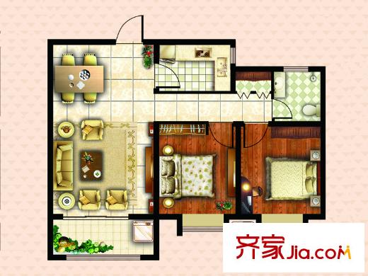 恒生望山1、2號樓標準層F戶型 2室2廳1衛(wèi)1廚