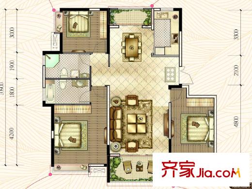章丘唐人中心一期D1#、D2#樓標(biāo)準(zhǔn)層B1戶型 3室2廳2衛(wèi)1廚