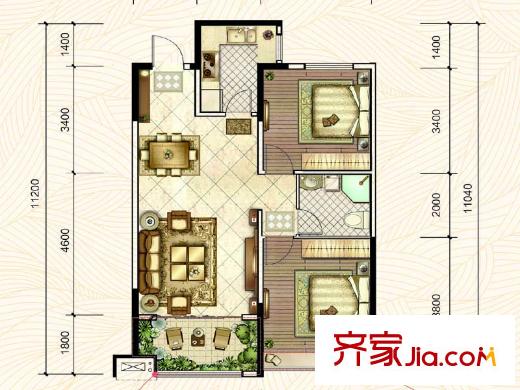 章丘唐人中心一期G1#樓標(biāo)準(zhǔn)層F1戶型 2室2廳1衛(wèi)1廚