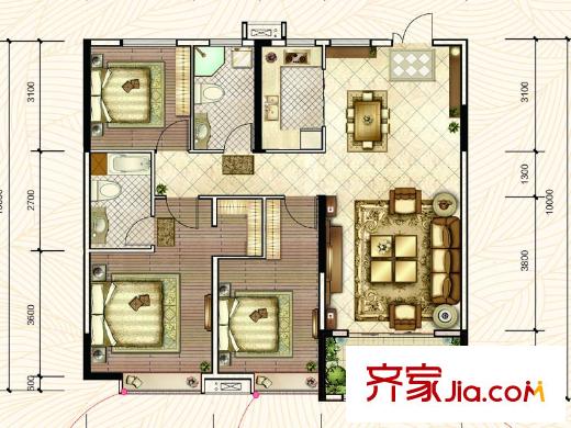 章丘唐人中心一期A1#、A2#、D3#、D4#樓標(biāo)準(zhǔn)層C1戶型 3室2廳1衛(wèi)1廚