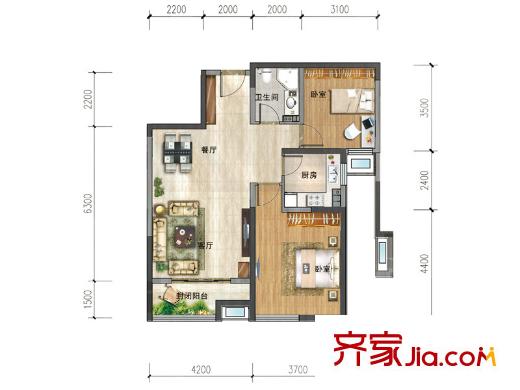 陽光100國際新城K5K6號樓B戶型 2室2廳1衛(wèi)1廚