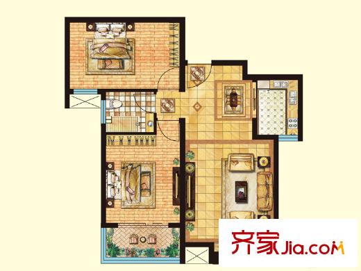 帝華鴻府一期1#、2#、3#、8#樓標準層B1戶型 2室2廳1衛(wèi)1廚