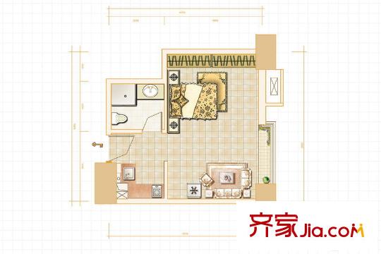 恒大城H公寓D戶型 1室1廳1衛(wèi)1廚