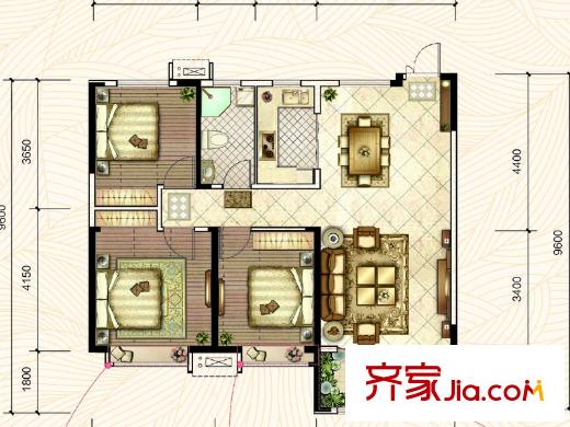 章丘唐人中心一期G1#樓標(biāo)準(zhǔn)層D2戶型 3室2廳1衛(wèi)1廚