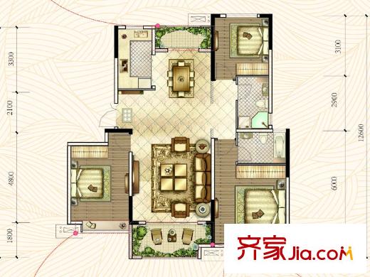 章丘唐人中心一期D1#、D2#樓標(biāo)準(zhǔn)層B1'戶型 3室2廳2衛(wèi)1廚