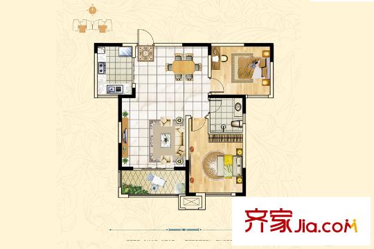 福景佳苑?2期3#樓C1戶型 2室2廳1衛(wèi)1廚