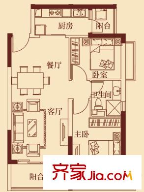 恒大城一期4#5#17#，二期20#29#樓標準層01戶型圖 2室2廳1衛(wèi)1廚
