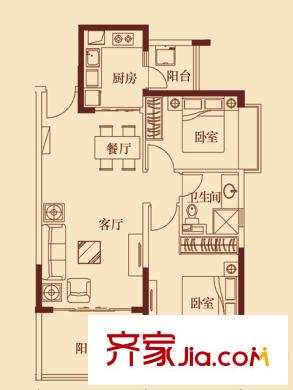 恒大城3#3，7#3戶型圖 2室2廳1衛(wèi)1廚