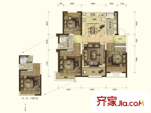 藍(lán)石大溪地二期觀湖高層N20#、N22#、N23#樓標(biāo)準(zhǔn)層戶型 3室2廳2衛(wèi)1廚