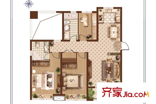 鑫苑世家公館一期8#樓標(biāo)準(zhǔn)層D1戶型 3室2廳1衛(wèi)1廚