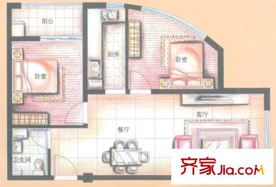 金領(lǐng)時代A1-9戶型 2室2廳1衛(wèi)1廚