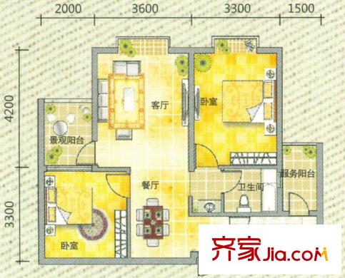 翡翠灣B戶(hù)型 2室2廳1衛(wèi)1廚
