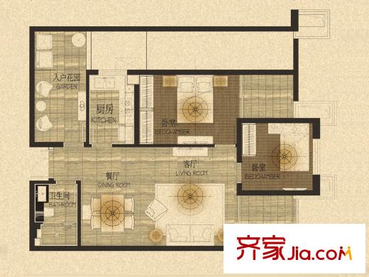 濱江俊園G戶型 2室2廳1衛(wèi)1廚