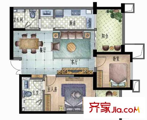 濱江俊園二期后灣C戶型 2室2廳2衛(wèi)1廚