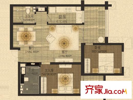 濱江俊園C戶型 2室2廳2衛(wèi)1廚