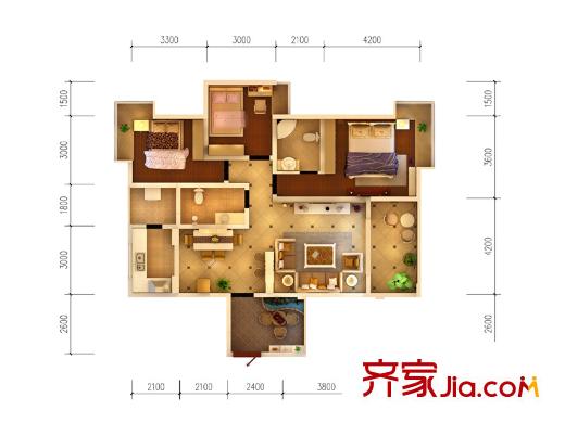 西府景苑F1戶型 3室2廳2衛(wèi)1廚