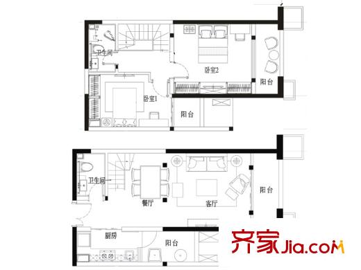 濱江俊園K戶型 2室2廳2衛(wèi)1廚