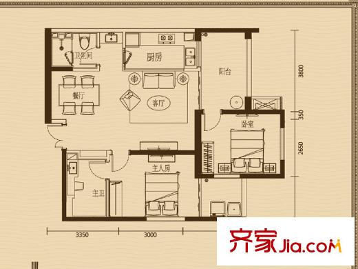 濱江俊園二期C戶型 2室2廳2衛(wèi)1廚