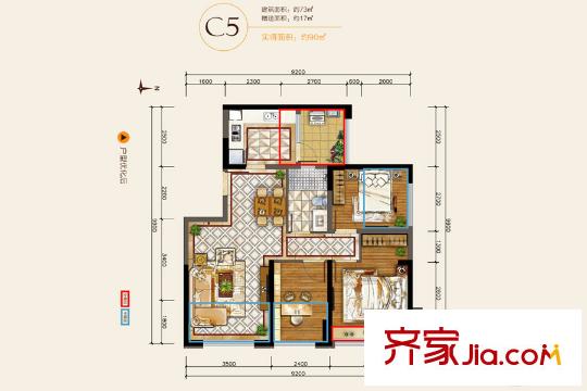 華潤(rùn)中央公園C5戶型 3室2廳1衛(wèi)1廚