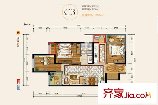 華潤(rùn)中央公園C3戶型 3室2廳1衛(wèi)1廚
