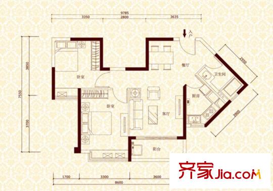 昆明?恒大雅苑C,F戶型 2室2廳1衛(wèi)1廚