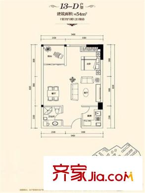 楓橋家園13-D戶型 1室2廳1衛(wèi)1廚