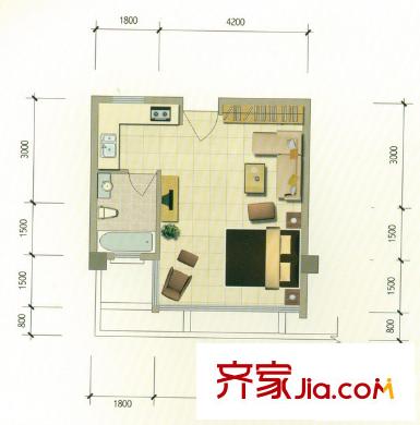 野鴨湖?酩悅臺度假公寓B戶型 1室1廳1衛(wèi)1廚