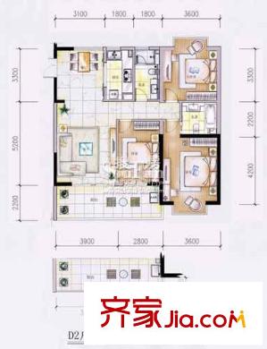 星雅俊園戶型圖D2戶型 3室2廳1衛(wèi)1廚