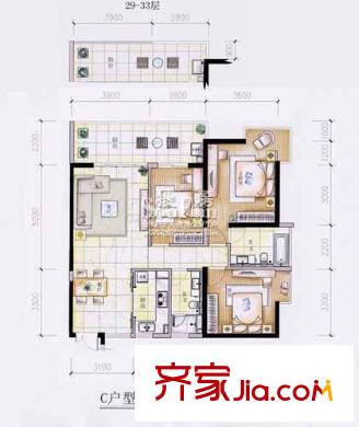 星雅俊園戶型圖 C戶型 3室2廳2衛(wèi)1廚
