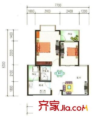 匯和紫光園戶型圖兩室兩廳一廚一衛(wèi)A5戶型 2室2廳1衛(wèi)1廚