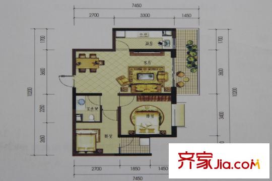 金泰國(guó)際A4-B戶型圖 2室2廳1衛(wèi)1廚