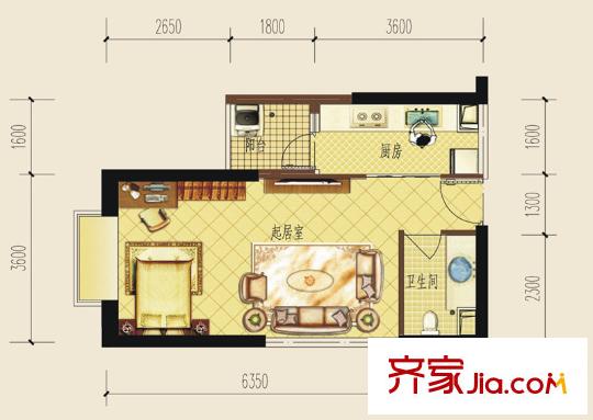 金泰國(guó)際2棟A2-C戶型 1室1廳1衛(wèi)1廚