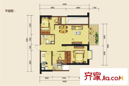 金泰國(guó)際A3-B戶型圖 3室2廳1衛(wèi)1廚
