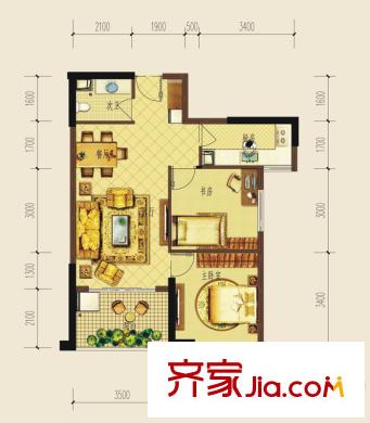 金泰國(guó)際2棟A2-E戶型 2室2廳1衛(wèi)1廚