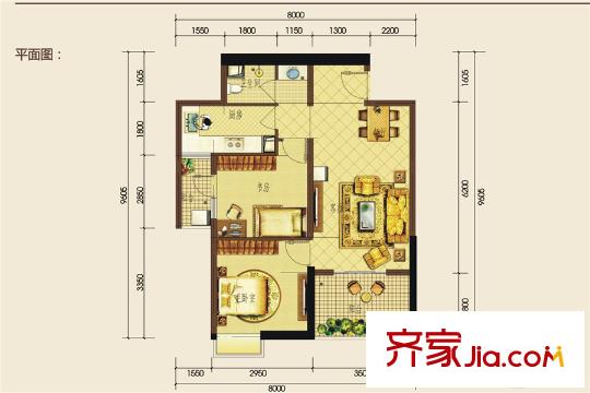 金泰國(guó)際A3-E戶型圖 2室2廳1衛(wèi)1廚