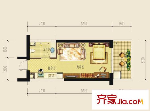金泰國(guó)際2棟A2-G戶型 1室1廳1衛(wèi)1廚