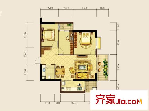 金泰國(guó)際1棟A1-B戶型 2室2廳1衛(wèi)1廚