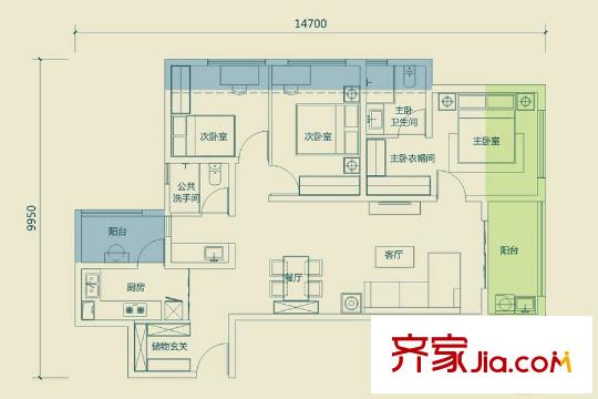 萬(wàn)科公園里B戶型 3室2廳2衛(wèi)1廚