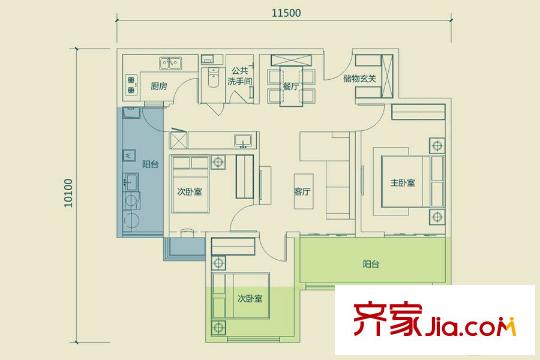 萬(wàn)科公園里A戶型 3室2廳1衛(wèi)1廚