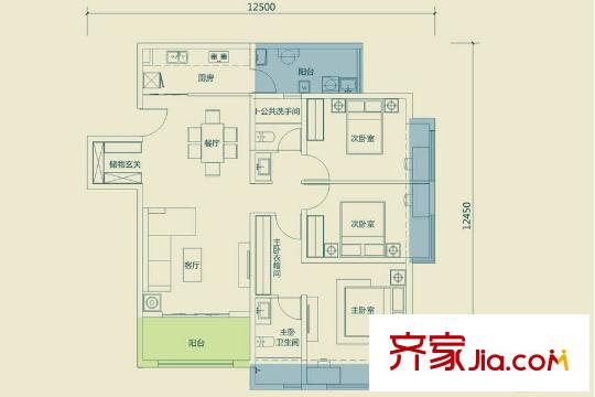 萬(wàn)科公園里C戶型 3室2廳2衛(wèi)1廚