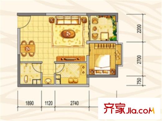 朝九晚五3-C5_戶型圖 1室2廳1衛(wèi)1廚