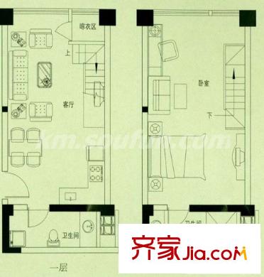 美樹星城戶型圖B座D戶型 1室2廳2衛(wèi)1廚
