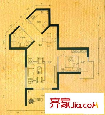 中央麗城2期戶型圖H6戶型 1室2廳1衛(wèi)1廚