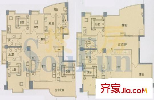 中央麗城戶型圖I、J座一單元躍層 7室3廳5衛(wèi)1廚