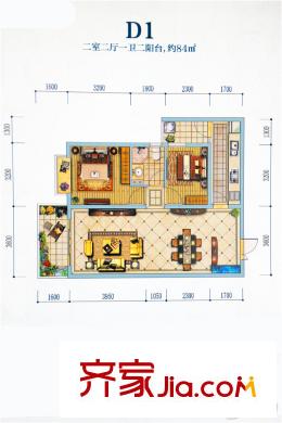 融城?昆明湖D1戶型圖 2室2廳1衛(wèi)2廚