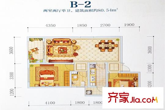 融城?昆明湖B2戶型圖 2室2廳1衛(wèi)1廚