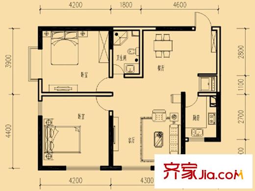 云潤(rùn)天陽(yáng)高層D戶型 2室2廳1衛(wèi)1廚