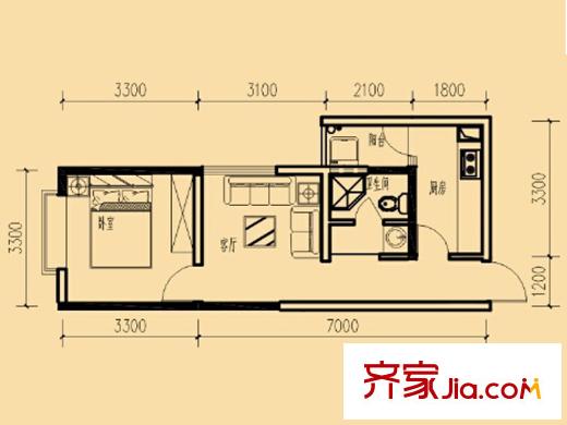 云潤(rùn)天陽(yáng)高層F戶型 1室1廳1衛(wèi)1廚