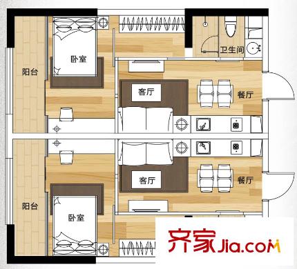 欣都龍城戶型圖D戶型 2室4廳2衛(wèi)1廚