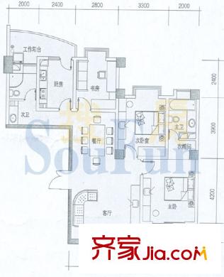 中央麗城戶型圖A、B、C、D1戶型 3室2廳2衛(wèi)1廚